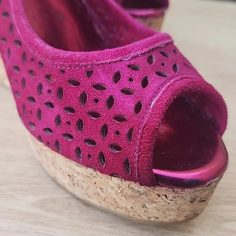 JIMMY CHOO 'PAPINA' BERRY WINE SUEDE CORK WEDGE Size 40